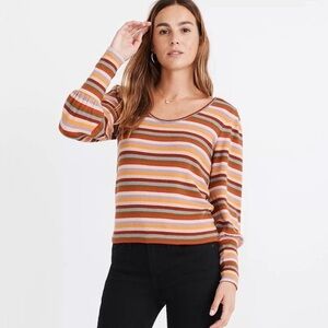 Madewell Women's Multi Color Striped Puff-Sleeve Scoopneck Top Sweater S…